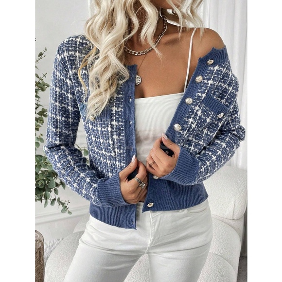 Blue Plaid Button Up Cardigan Knit Long Sleeve Stretchy - Picture 6 of 8